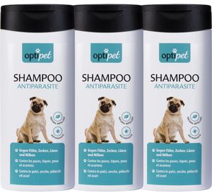 OptiPet 3x250ml Anti-Parasiten-Shampoo für Hunde bekämpft Flöhe, Zecken, Milben, pflegt das Hundefell