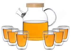 Kira Teeset / Teeservice / Teekanne Glas 1,6 liter mit Tüllensieb, Bambusdeckel und 6 doppelwandige Teegläser je 200ml