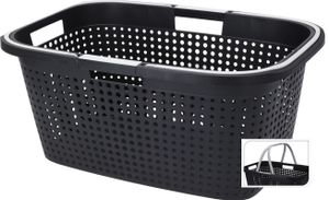 Wäschekorb aus Kunststoff in schwarz - 60 x 39 cm - Tragekorb mit klappbaren Griffen - Einkaufskorb Aufbewahrungskorb Tragegriffe