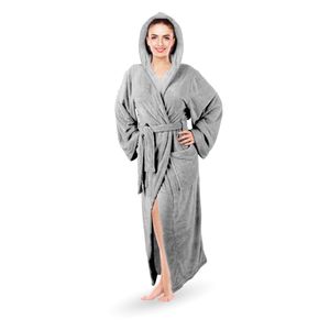 Bademantel ( Grau / L ) Cozy für Damen mit Kapuze und Taschen, weich flauschig saugstark, Sauna und Spa - extra lang und breite Ärmel - Morgenmantel ( M - XL )