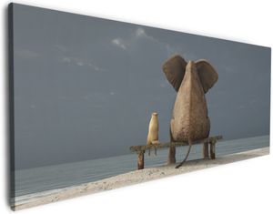 Wallario Premium Leinwandbild Elefant und Hund sitzen auf einer Bank in Größe 60 x 150 cm