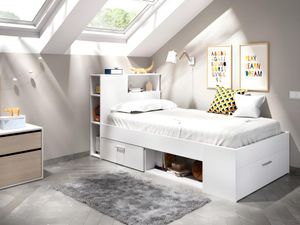 Bett mit Kopfteil, Stauraum & Schublade - 90 x 190 cm - Weiß - LEANDRE