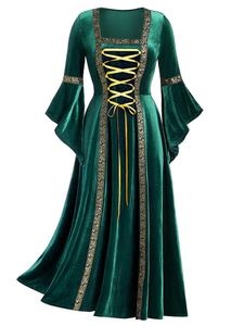 Damen Hexenkostüme 80er Jahre Maxi Kleider Ballkleid Lange Kleid Vintage Partykleid Grün,Größe L
