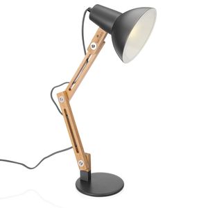 Navaris Design Holz Schreibtischlampe - E27 Fassung - mit Standfuß - Retro Tischlampe mit verstellbarem Gelenkarm - Vintage Nachttischlampe Dunkelgrau