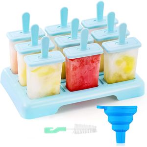Eisformen Set,9 Wiederverwendbare Eis am Stiel Formen, BPA Frei,Inklusive Reinigungsbürste und Silikon Falttrichter(hellblau)