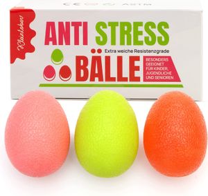 KLEINTOBER Eiförmige Antistressbälle | 3 Stück Griffbälle für Entspannung, als Fingertrainer und für die Motorik, verschiedene Härtegrade | Anti-Stress-Ball