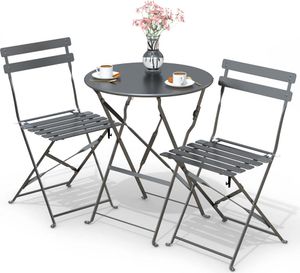 VOUNOT® Bistroset 3-teilig, Klappbar Bistrotisch mit 2 Stühlen, Gartenmöbel Set Balkonset Gartengarnitur, Sitzgruppe Metall, Bistro Set Outdoor, Grau