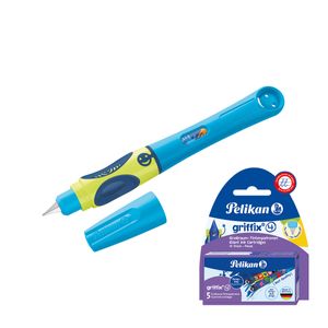 Pelikan Griffix Füller Neon Fresh Blue + 10 Patronen, Schreiblernfüller für Rechtshänder