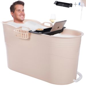 HelloBath® Mobile Badewanne für Erwachsene XL, Ideal für das kleines Badezimmer, 122x55x64cm, Stylisch (Brasilianischer Sand) - Inkl. Badewannenablage