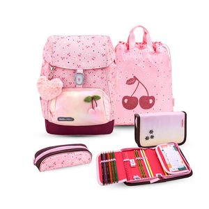 Belmil Premium ergonomischer Schulranzen Set 5 -teilig für Mädchen Für kleine Kinder, Erstklässler/Brustgurt, Hüftgurt/Magnetverschluss/Rosa, Braun (405-73/P/S Cherry Blossom)