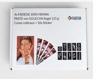 14x FADEDA 100% Natural Henna Paste von GOLECHA KEGEL 125 g CONES rotbraun + 10x Sticker