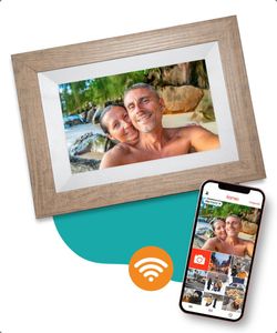 Digitaler Bilderrahmen mit WiFi und Frameo App | Holz Fotorahmen 8 Zoll HD+ -IPS Touch Display Micro SD - Touchscreen