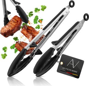 AVANA Koch- und Grillzange, Edelstahl Küchenzange mit integriertem Standfuß Silikon Servierzange Hitzebeständig Zange Mehrzweckzange zum Kochen, Servieren, Grillen - 2er-Set Schwarz