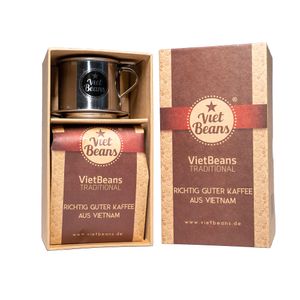 VietBeans Giftset Traditional - 250g gemahlener Röstkaffee und Kaffee Handfilter in hochwertiger Verpackung - Kaffeegeschenk