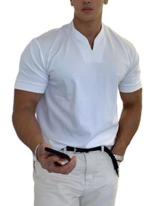 Herren V-Ausschnitt Kurzarm Tops Casual T-Shirt Fitness Bluse Pullover Muscle Tee,Farbe: Weiß,Größe:XL