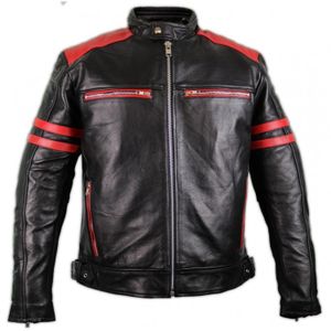 Retro Motorrad Lederjacke mit Protektoren / Schwarz mit roten Applicationnen (L)