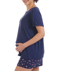 Stillpyjama - Umstandspyjama Sommer - Still Schlafanzug mit Spitze - Pyjama-Set für Schwangere - Schwangerschaft - Stillzeit (S, Blau) 2650