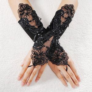 Frauen Faux Perle Spitze Handschuhe Braut Fingerlose Hochzeit Brautkleid Handschuh - (schwarz)