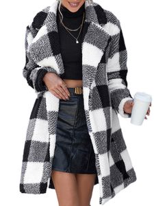 Damen Mode Kariert Langarmshirt Winter Warm Strickjacke Turn Down Kragen Fleece Tasche Trenchcoats