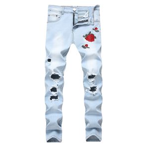Herren Rose Ripped Hole Jeans Skinny Slim Fit Denim Hose Destroyed Ausgefranste Hose,Farbe: Hellblau,Größe:40