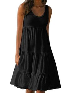 Ärmelloses Damen-Strandkleid Mit Rundhalsausschnitt Genäht Großer Schwung Sommermode,Farbe:Schwarz,Größe:Xxl