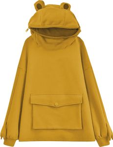 Fleecepullover Damen Mittellanges Design Super Süße Frosch Kapuzen Lazy Coat Jacke Gelb S