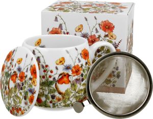 Hrnček DUO FLORAL 430 ml WILD BIRD so sitkom na čaj, nový porcelán z kostnej Číny