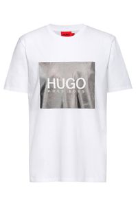 HUGO Herren T-Shirt - Dolive_M, Rundhals, Kurzarm, Box-Logo Metallic, Baumwolle Weiß S