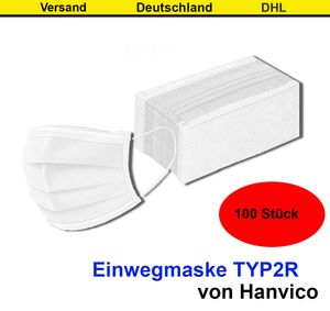 100x Hanvico OP Maske weiss Atemschutzmaske medizinischer Mundschutz 3-lagig Einwegmaske Schutzmaske Mundschutzmaske TYP2R