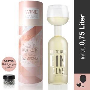 Wine Lovers Weinflasche Glas "Heute nur ein Glas" - Weinglas Flasche XXL - inkl. Reinigungsperlen