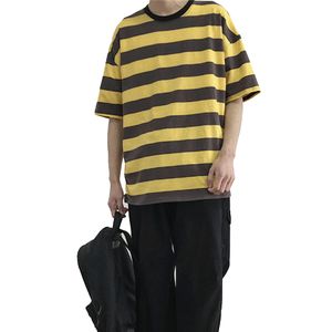 Herren Stylish O-Ausschnitt Kurzarm Horizontal Streifen Bottoming Top Baumwolle T-Shirt-Gelb (Asiatische Größe:L)