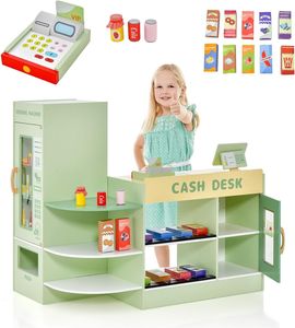 DREAMADE Kasse Kaufladen Kinder, Kaufmansladen Holz mit realistischer Kasse & Verkaufsautomat, Spiel-Supermarkt mit 15 Zubehör & Kreidetafel (Grün)
