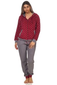 Damen Frottee Hausanzug Tupfendesign Homewear Loungewear - auch in Übergrössen bis 60/62, Farbe:Tupfen rot, Größe:48/50