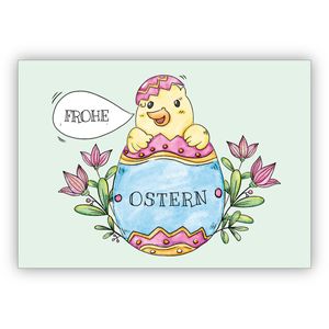 4x Lustige gezeichnete Osterkarte mit im Osterei geschlüpftem Küken zum Osterfest "Frohe Ostern"