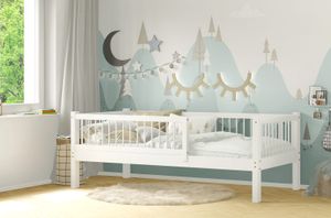 AXEL Kinderbett aus Kieferholz mit Schutzgitter Holzbett Weiß 100x200 Beinhöhe 23 cm