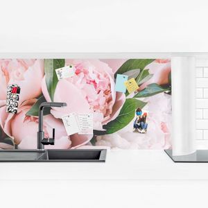 Küchenrückwand - Rosa Pfingstrosen mit Blättern, Größe HxB:60cm x 210cm, Ausführung:Smart Glanz