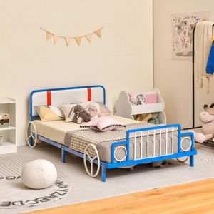 COSTWAY Kinderbett 90 x 190 cm, Jugendbett in Autoform, Juniorbett mit gepolstertem Kopfteil und Lattenrost, Autobett aus Metall für Jungen und Mädchen, Blau