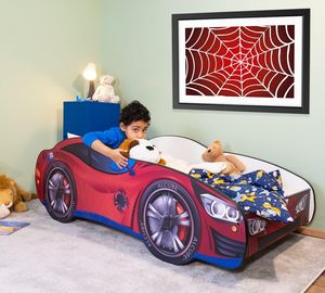 Alcube® Autobett 70x140 cm PKW Spider CAR I mit Matratze und Lattenrost I Spielbett Kinderbett 70 x 140 cm I für kleine Spinnenmann -