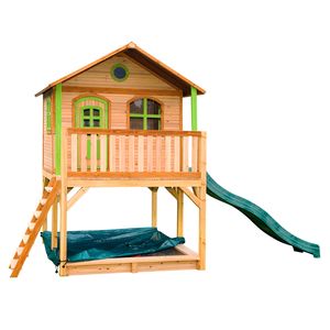 AXI Spielhaus Marc mit Sandkasten & grüner Rutsche | Stelzenhaus in Braun & Grün aus  Holz für Kinder | Spielturm mit Wellenrutsche für den Garten