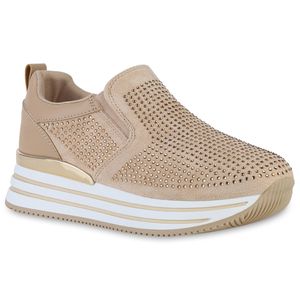 VAN HILL Damen Sneaker Slip Ons Keilabsatz Strass Profil-Sohle Schuhe 840332, Farbe: Khaki, Größe: 40