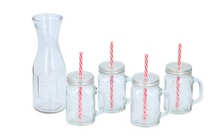 Drinkset - Dekanter, 4 Glas mit Deckel und Stroh