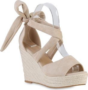 VAN HILL Damen Keilsandaletten Sandaletten Bast Plateau Vorne Schuhe 841604, Farbe: Beige, Größe: 41