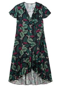 sheego Damen Große Größen Wickelkleid mit Tropenprint und Volant Sommerkleid Strandmode feminin V-Ausschnitt Volants gemustert