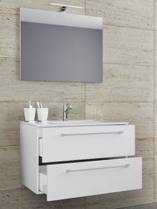 VCM 3-dílná umyvadlová skříňka Koupelnový nábytek sada Umyvadlo Badinos Zásuvka Zrcadlo Bílá