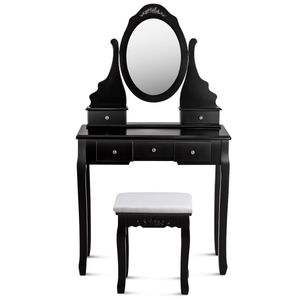 COSTWAY Schminktisch-Set, Frisiertisch mit 360°drehbarer ovaler Spiegel und Stuhl， Kosmetiktisch mit 5 schubladen, Make up Tisch Schminkomode für Schlafzimmer (Schwarz)