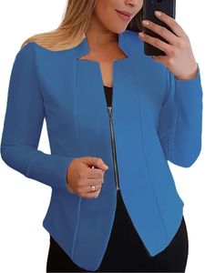 Damen Blazer Langarm Casual Business Jacken Strickjacke Bluses Leicht Outdoor Mantel Blau - Reißverschluss,Größe L