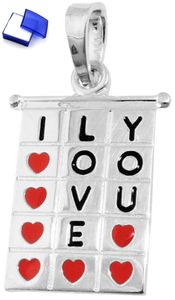 Kettenanhänger Anhänger Viereck - I LOVE YOU - rot schwarz lackiert 925 Silber 22 x 13 mm inklusive kleiner Schmuckbox