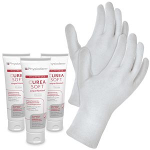 3 x Physioderm ® - Curea Soft unparfümierte Hautpflegecreme 100 ml + Baumwollhandschuhe