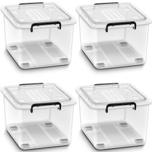 tillvex® Aufbewahrungsboxen mit Deckel 4er Set - 88L, lebensmittelecht | Kunststoff Boxen Set stapelbar | Aufbewahrung Ordnungssystem Box groß | Aufbewahrungsbox Kleiderboxen transparent 100% Neumaterial