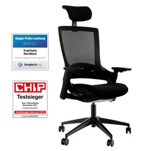 Ergotopia® NextBack ergonomischer Bürostuhl / Schreibtischstuhl inkl. verstellbarer Sitzfläche, Lordosenstütze, Armlehnen & Kopfstütze für dynamisch-gesundes Sitzen